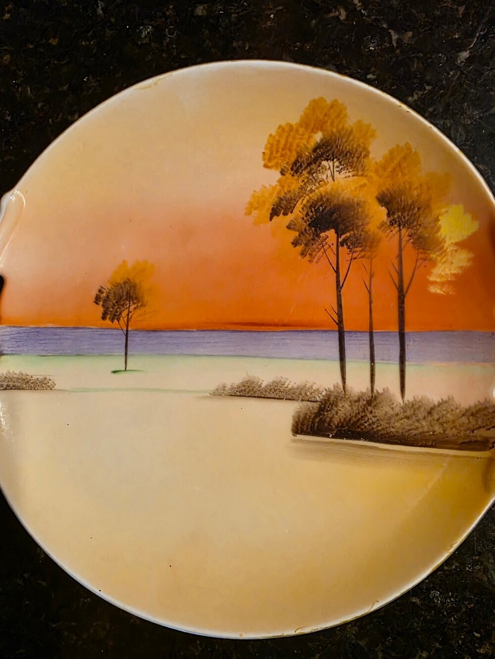 Meito Hand Painted 9 5" Plate w/ Handles Japan Lake Scene Trees Sunset Vintage